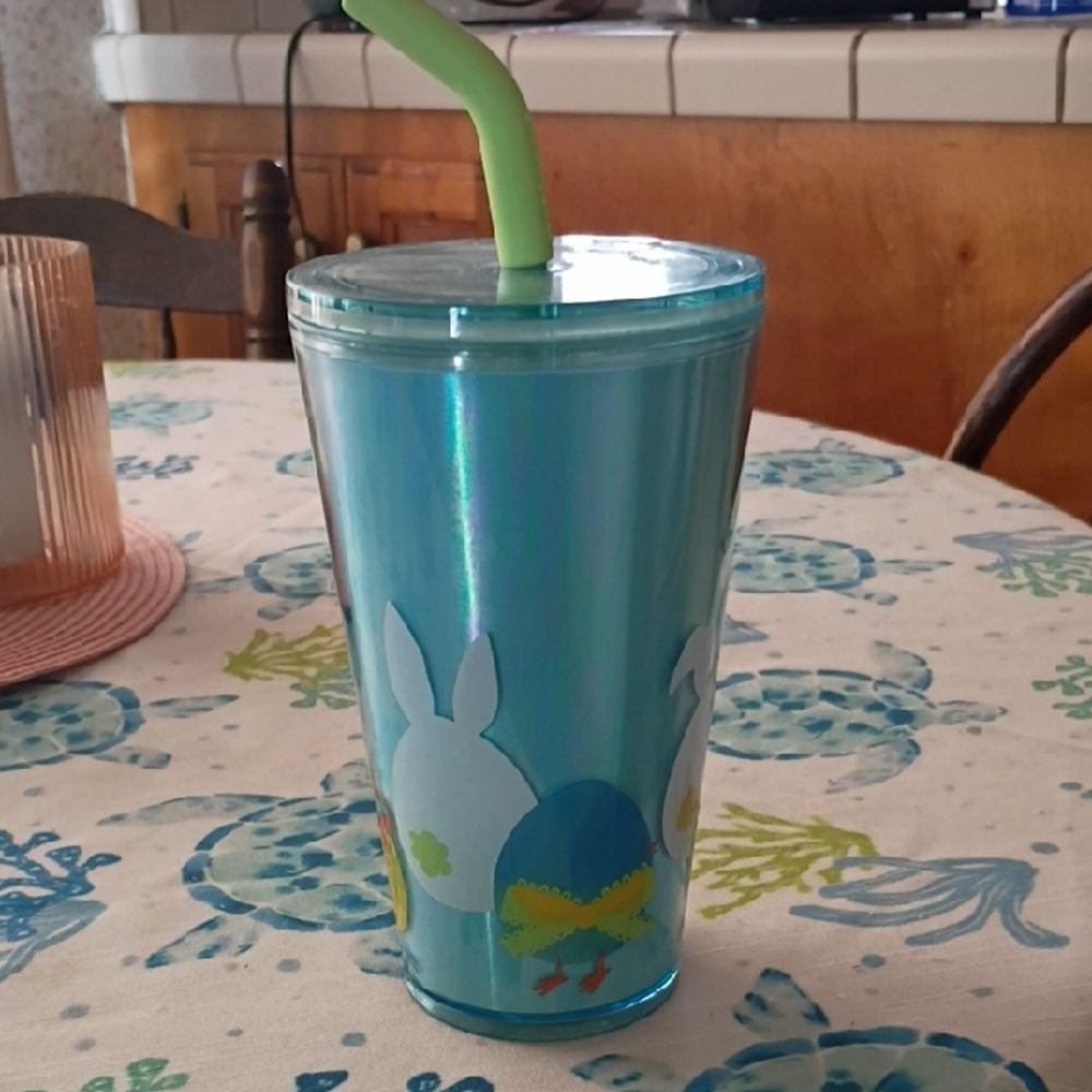Iridescent Blue Bunny Easter Tumbler with Straw